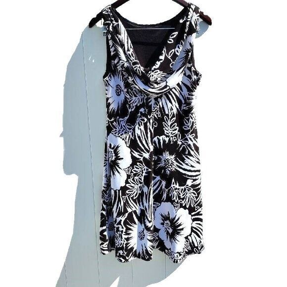 Cowl Neck Chocolate Brown/Ivory Flower Print‎ Flare Bottom Dress Women 12 Lined - Picture 1 of 4